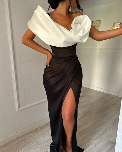 Simple One Shoulder Black Sheath Pleated Satin Prom Dress with Slit SP064