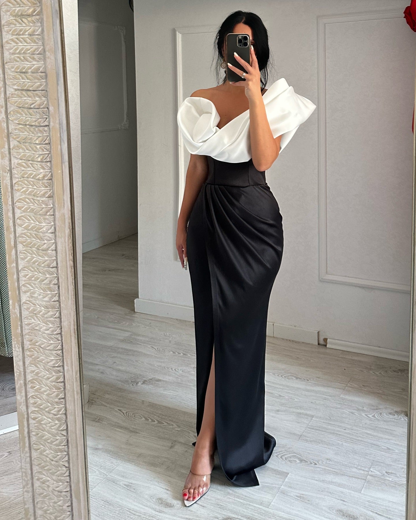 Simple One Shoulder Black Sheath Pleated Satin Prom Dress with Slit SP064