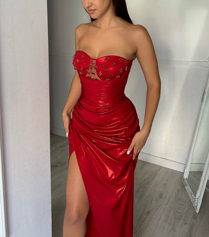 Sexy Dark Red Sweetheart Sheath Crystal Prom Party Gown with Slit SP065