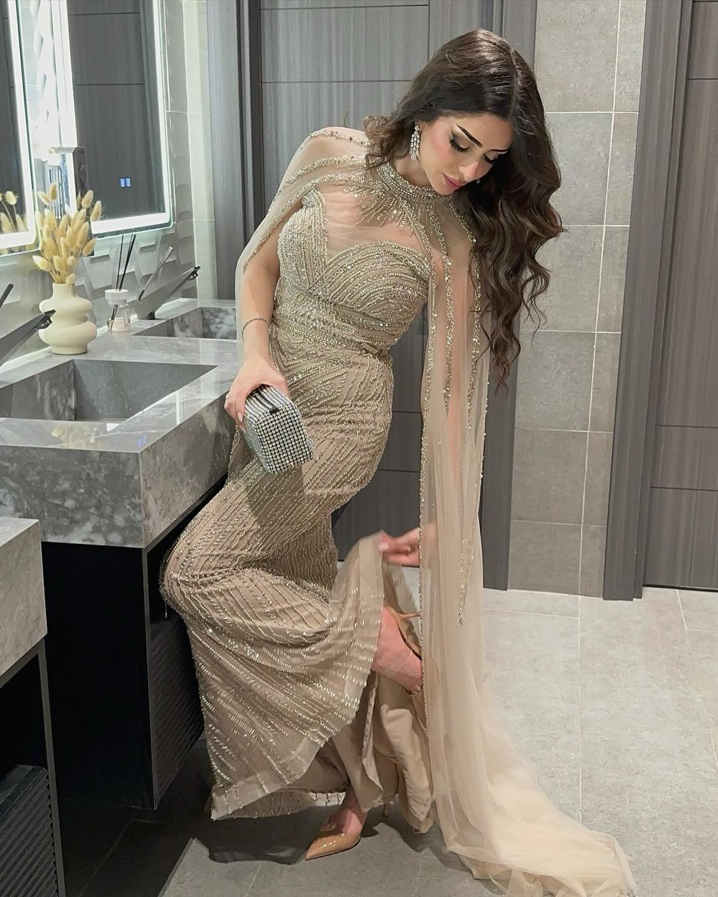 Luxury Beaded Champagne Mermaid Evening Dress with Cape Sleeves AE012