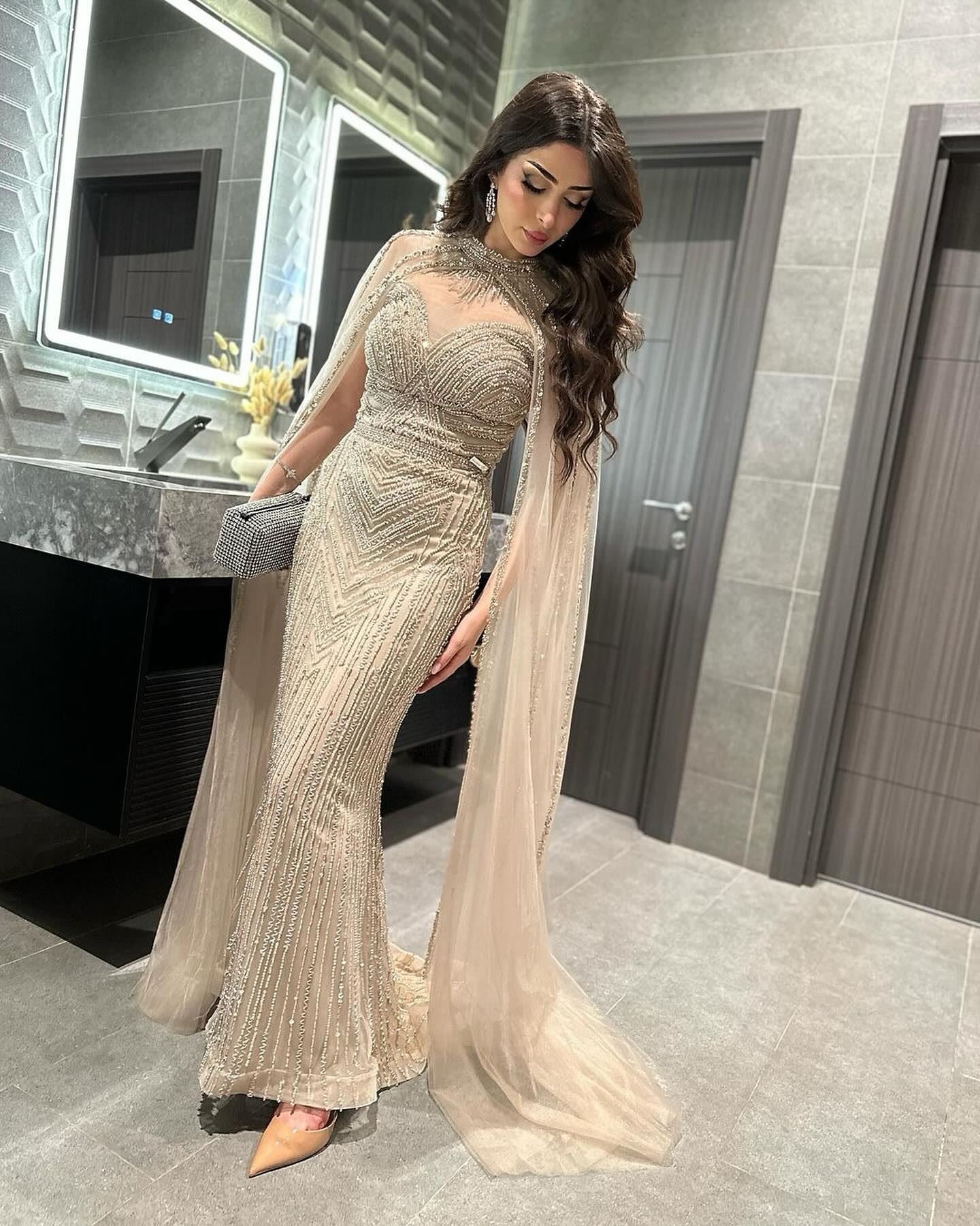 Luxury Beaded Champagne Mermaid Evening Dress with Cape Sleeves AE012