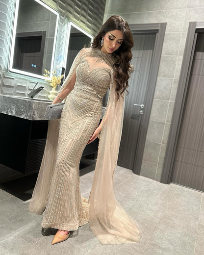 Luxury Beaded Champagne Mermaid Evening Dress with Cape Sleeves AE012