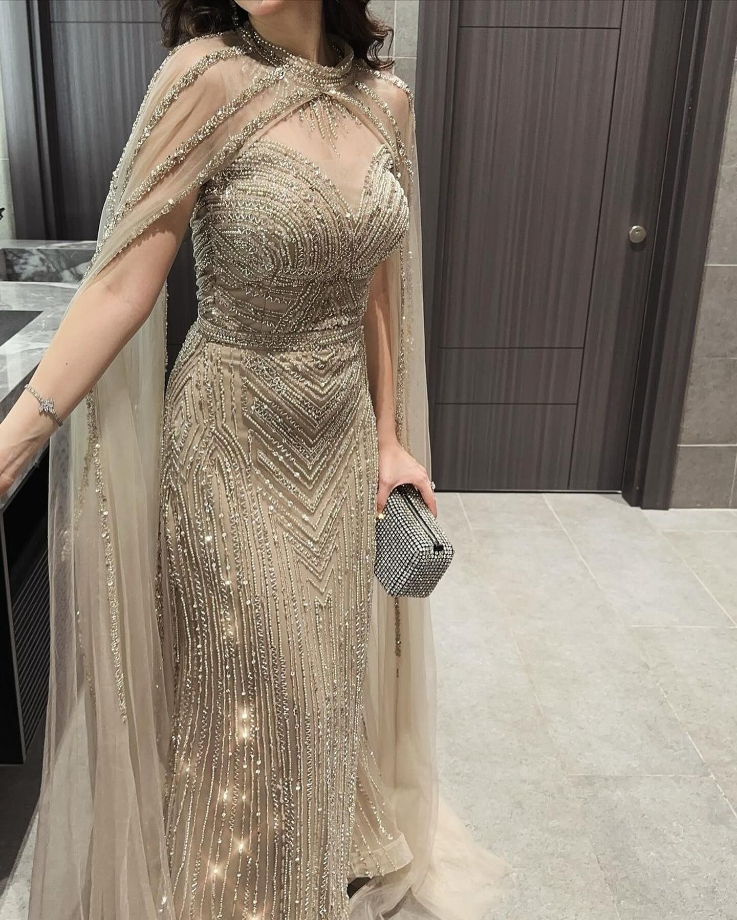 Luxury Beaded Champagne Mermaid Evening Dress with Cape Sleeves AE012