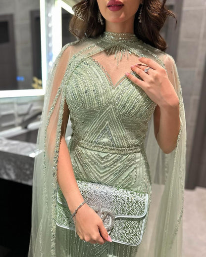 Luxury Beaded Champagne Mermaid Evening Dress with Cape Sleeves AE012