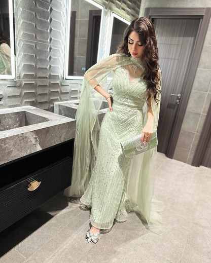 Luxury Beaded Champagne Mermaid Evening Dress with Cape Sleeves AE012