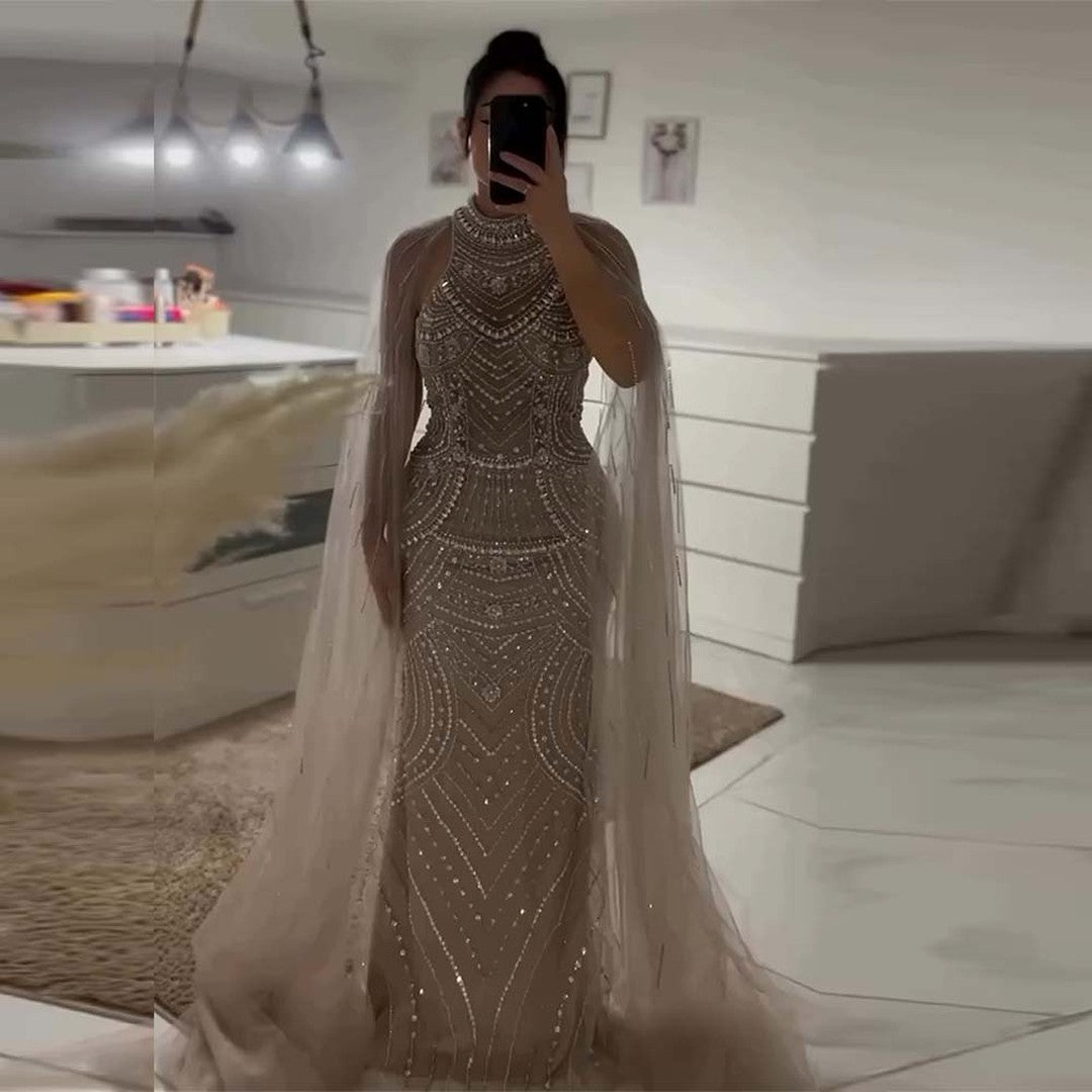 Luxury Crystal Champagne Mermaid Arabic Evening Dress with Cape Sleeve AE013