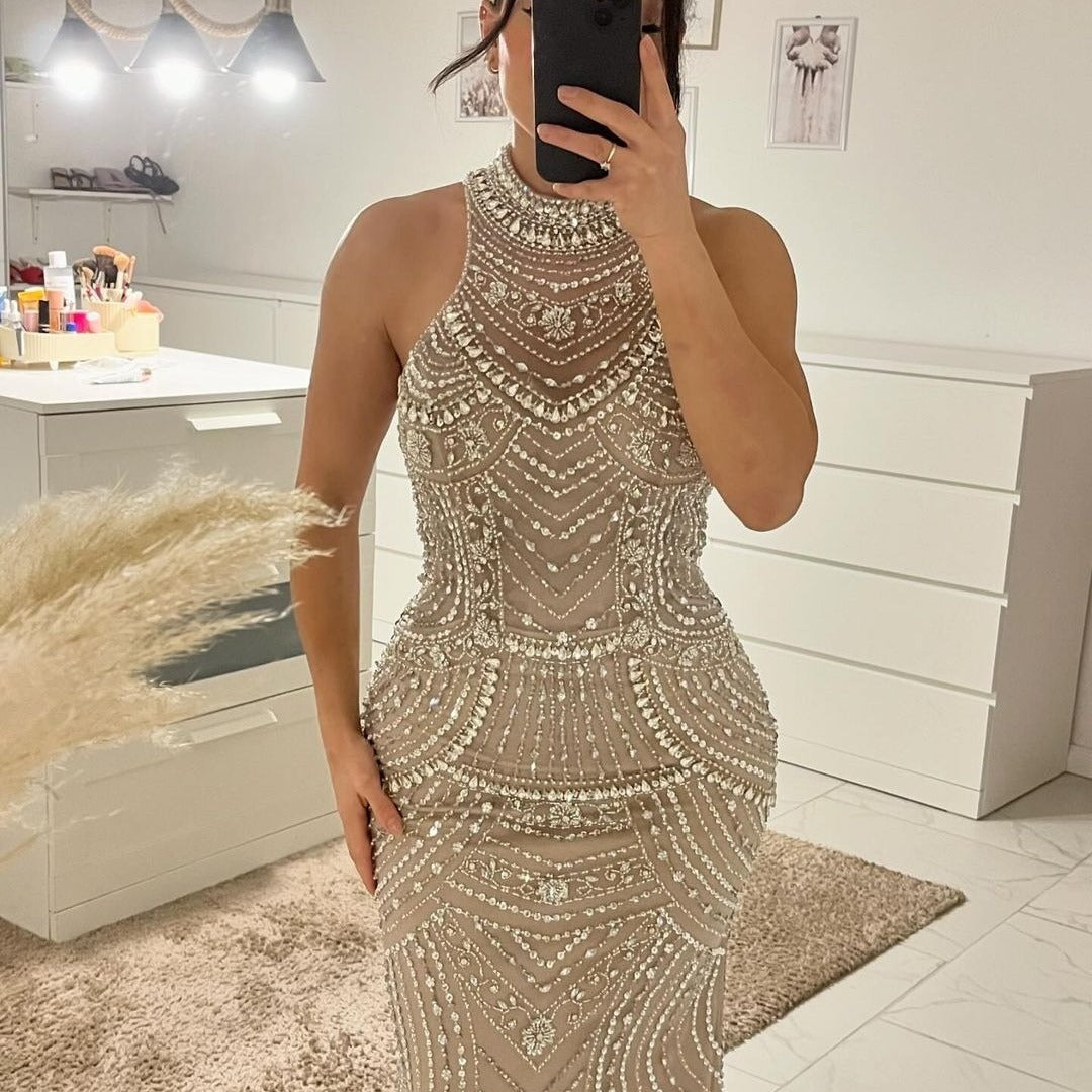 Luxury Crystal Champagne Mermaid Arabic Evening Dress with Cape Sleeve AE013