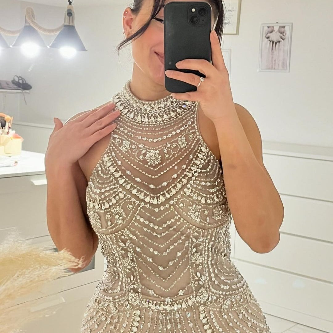 Luxury Crystal Champagne Mermaid Arabic Evening Dress with Cape Sleeve AE013