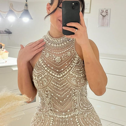 Luxury Crystal Champagne Mermaid Arabic Evening Dress with Cape Sleeve AE013