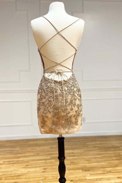 Halter Lace Appliques V-Neck Short Homecoming Dress HM122