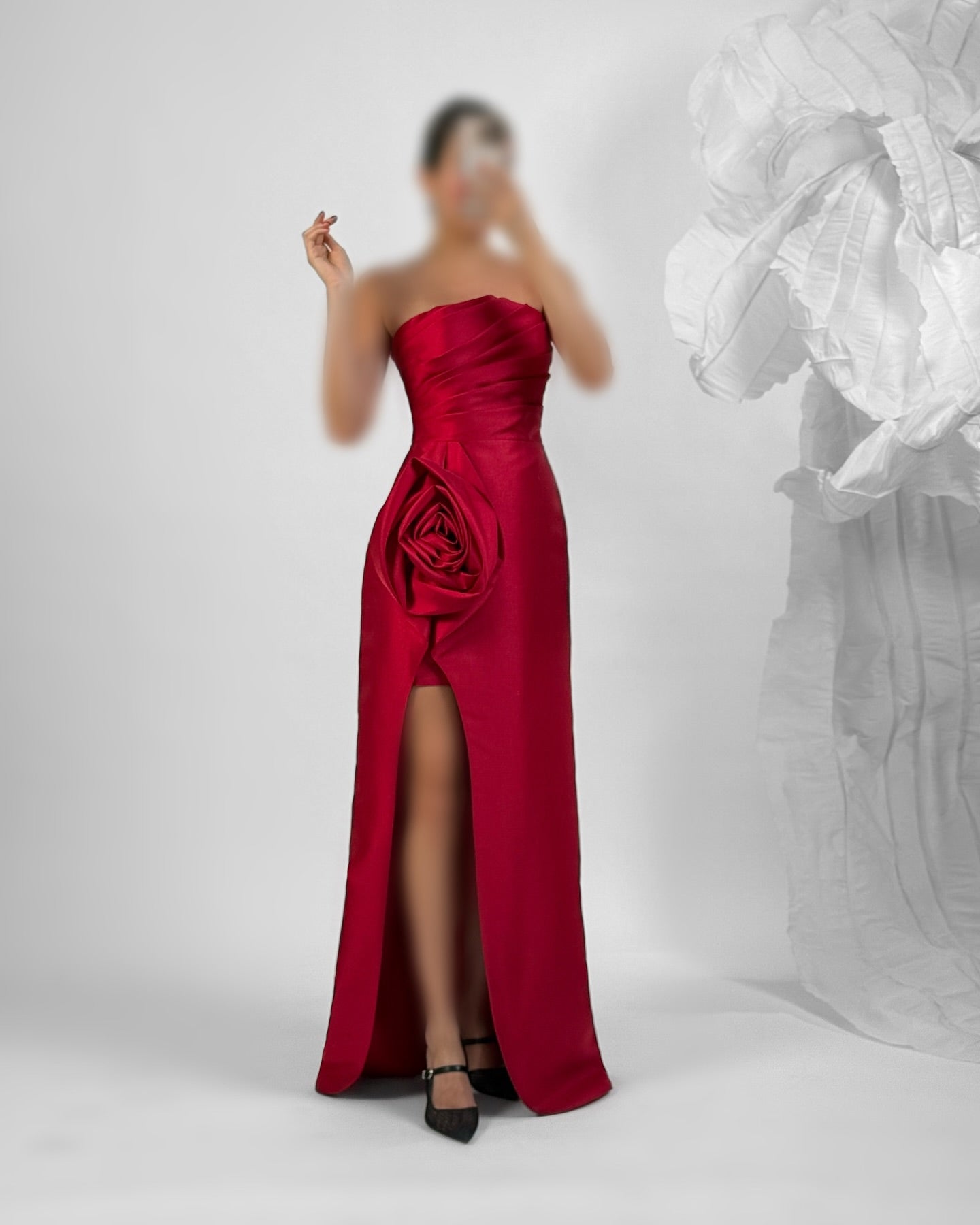 Classic 3D Floral Red Strapless Sheath Satin Prom Formal Gown with Slit SP081
