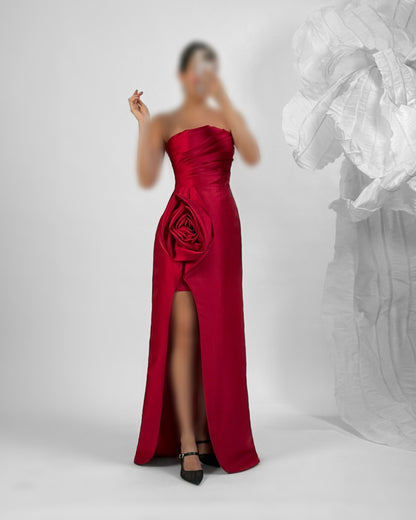 Classic 3D Floral Red Strapless Sheath Satin Prom Formal Gown with Slit SP081