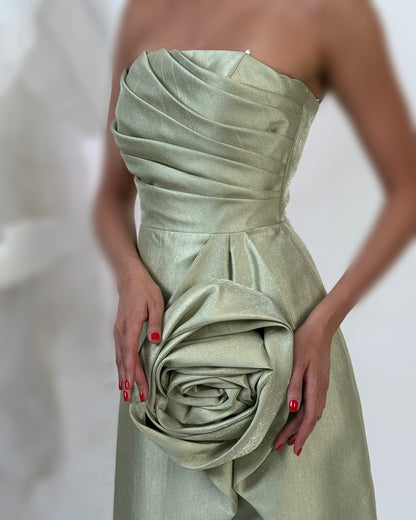 Classic 3D Floral Red Strapless Sheath Satin Prom Formal Gown with Slit SP081