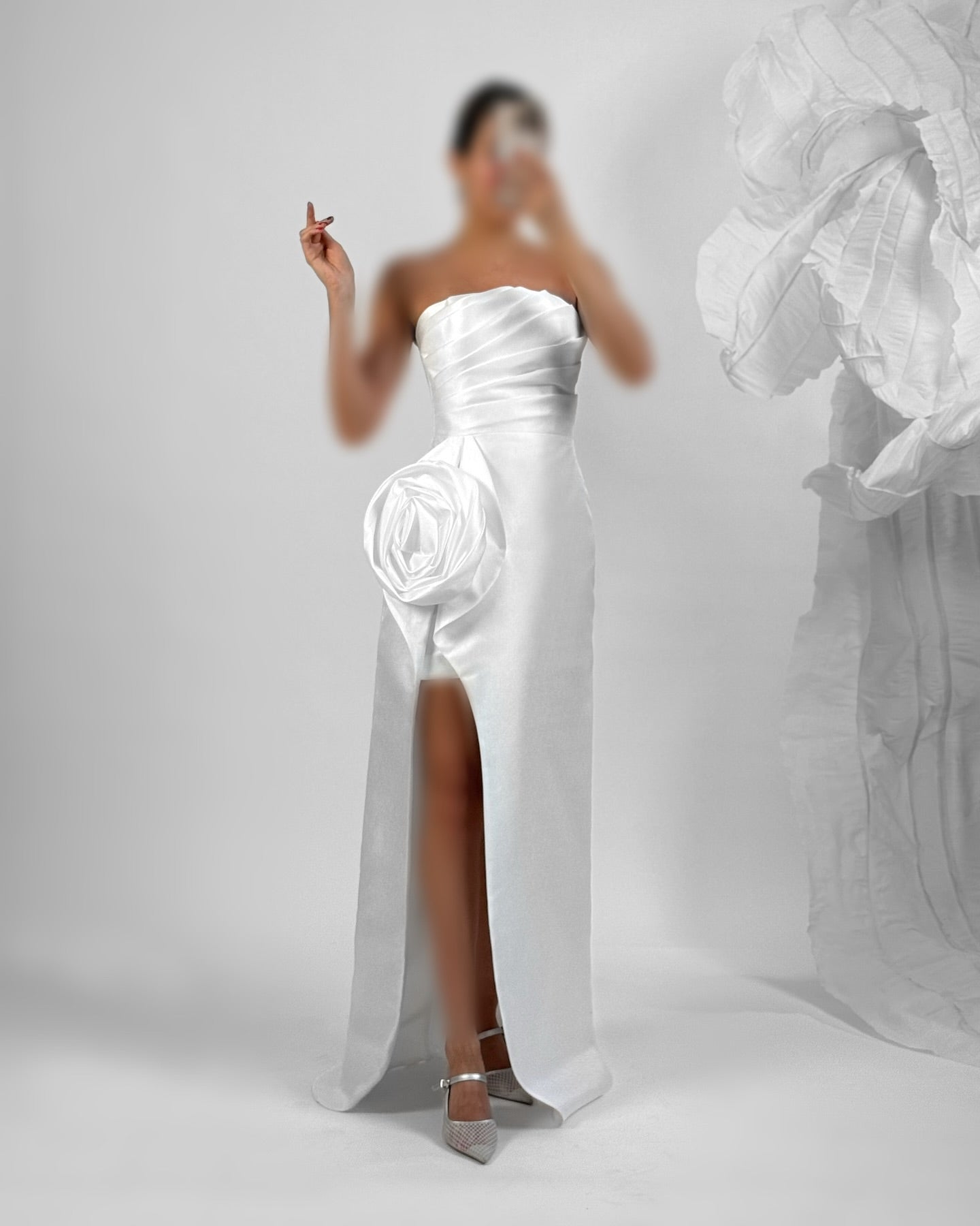 Classic 3D Floral Red Strapless Sheath Satin Prom Formal Gown with Slit SP081