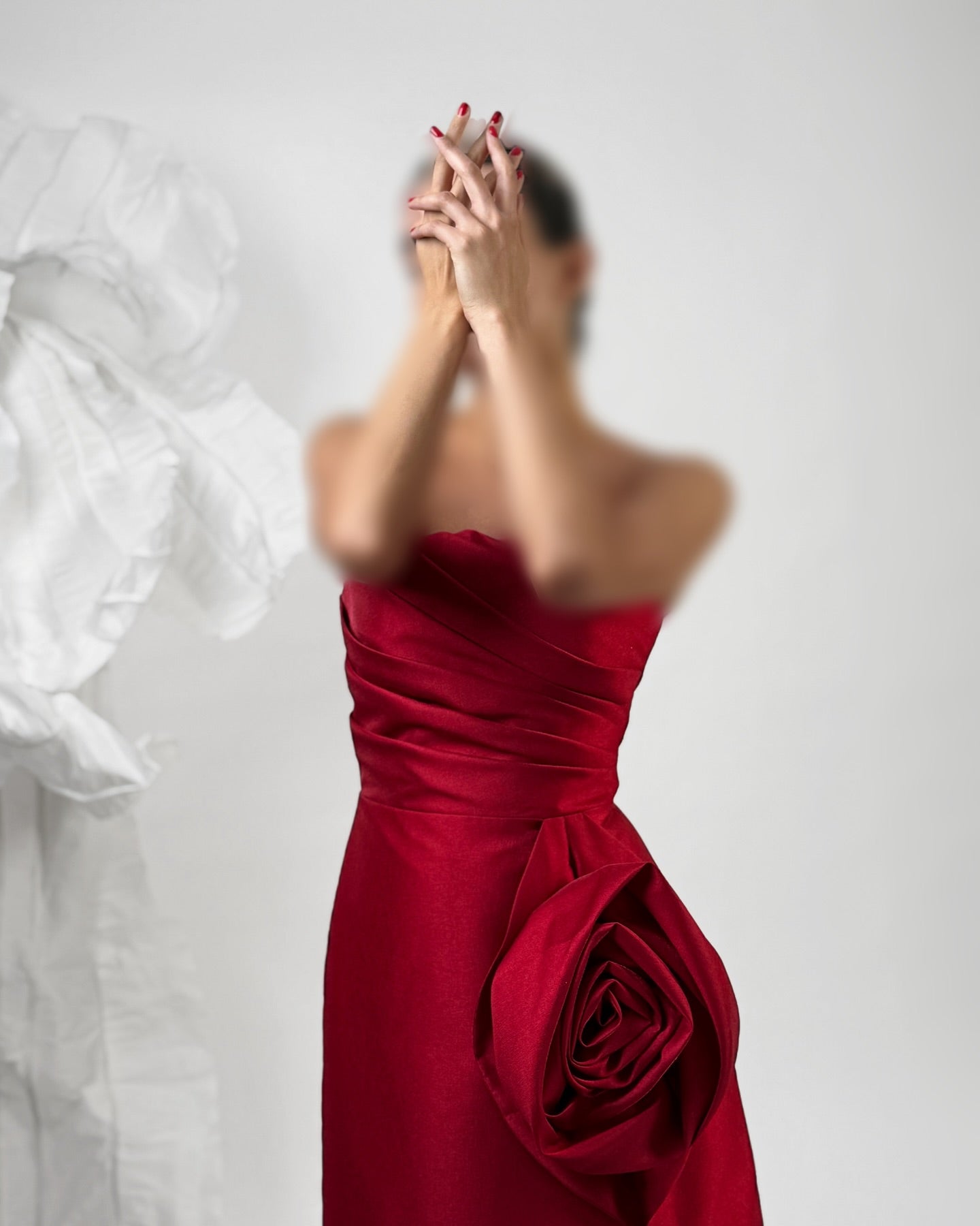 Classic 3D Floral Red Strapless Sheath Satin Prom Formal Gown with Slit SP081