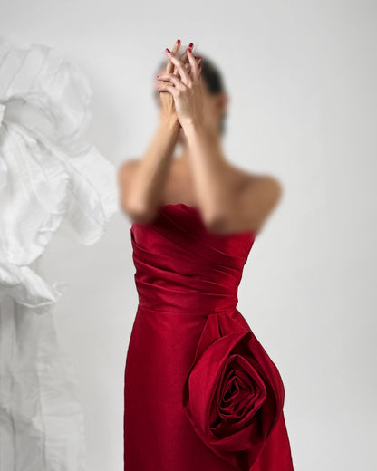 Classic 3D Floral Red Strapless Sheath Satin Prom Formal Gown with Slit SP081