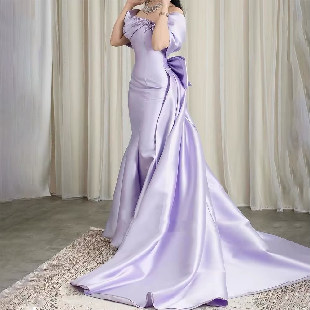Graceful Pearls Lavender Off-Shoulder Mermaid Prom Dress with Bow Overskirt SP087