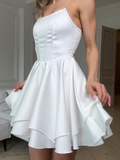 Simple Black Strapless A-Line Tiered Satin Short Homecoming Dress HM024