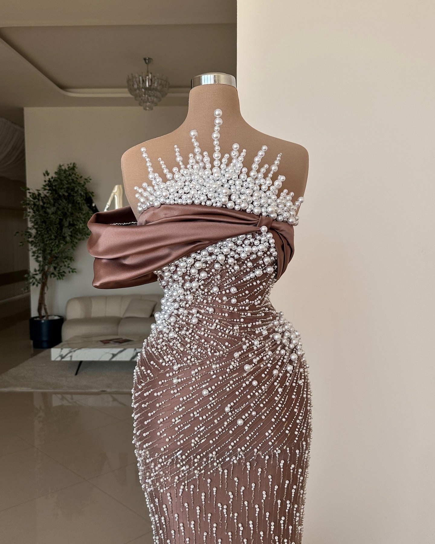 Luxury Pearls Brown One Shoulder Sheath Long Evening Prom Dress LP033