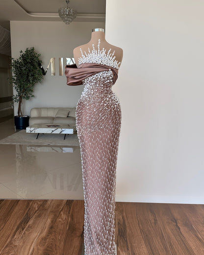 Luxury Pearls Brown One Shoulder Sheath Long Evening Prom Dress LP033