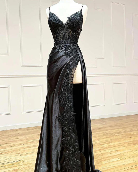 Elegant Appliques Black V-Neck Sheath Satin Prom Formal Dress with Slit SP067
