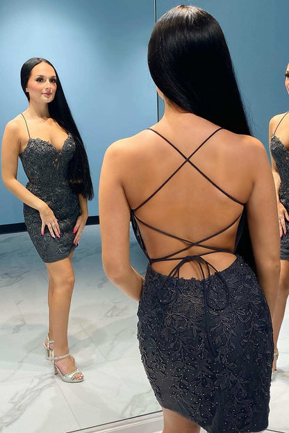 Halter Lace Appliques V-Neck Short Homecoming Dress HM122