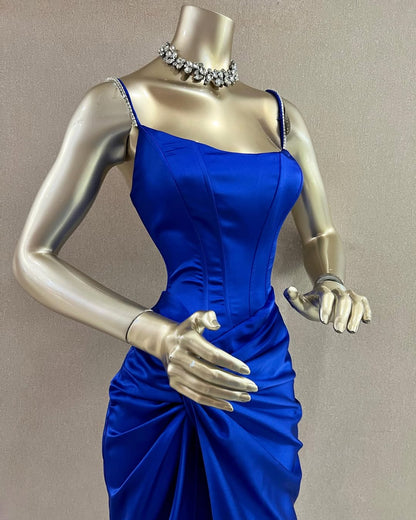 Elegant Royal Blue Satin Spaghetti Straps Sheath Draped Prom Dress SP079