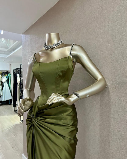 Elegant Royal Blue Satin Spaghetti Straps Sheath Draped Prom Dress SP079