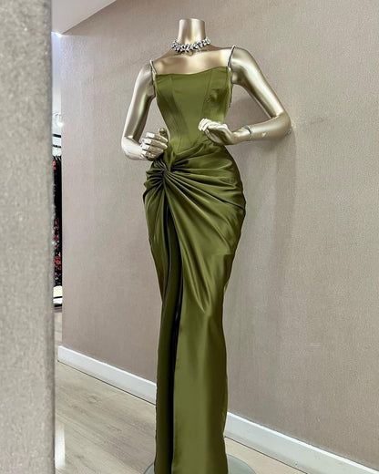 Elegant Royal Blue Satin Spaghetti Straps Sheath Draped Prom Dress SP079