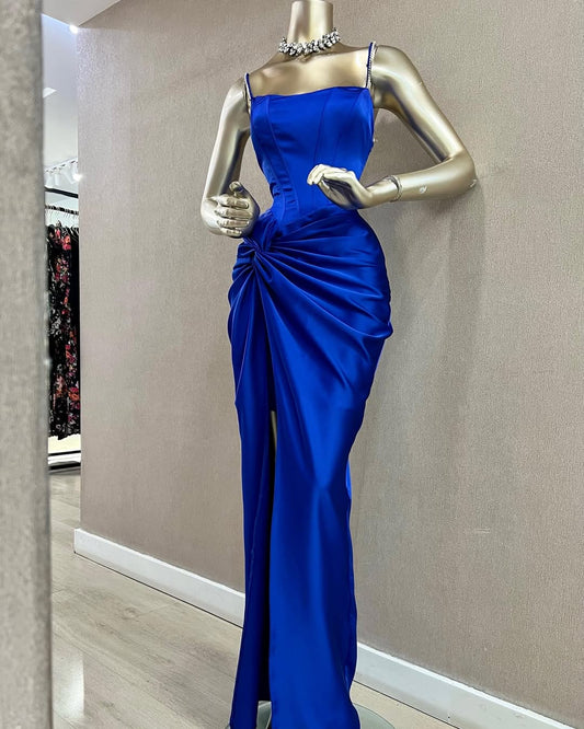 Elegant Royal Blue Satin Spaghetti Straps Sheath Draped Prom Dress SP079
