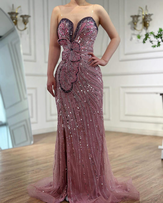 Gorgeous Beaded Pink Tube Top Sequin Evening Party Gown with 3D Butterfly LP029