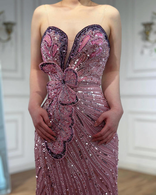 Gorgeous Beaded Pink Tube Top Sequin Evening Party Gown with 3D Butterfly LP029