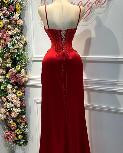 Stunning Beaded Burgundy Sweetheart Sheath Satin Prom Dress SP066